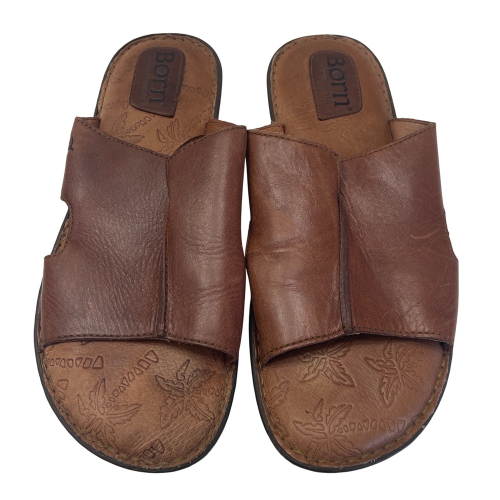 Born Slide Sandals Mens 11 Brown Leather Palm Trees Casual Comfort Slip On Shoes